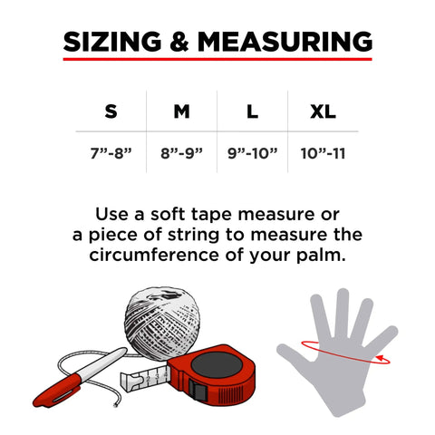 Slide On Derby Wrist Guards For Roller Derby sizing chart with measuring tape and string illustration for palm circumference.