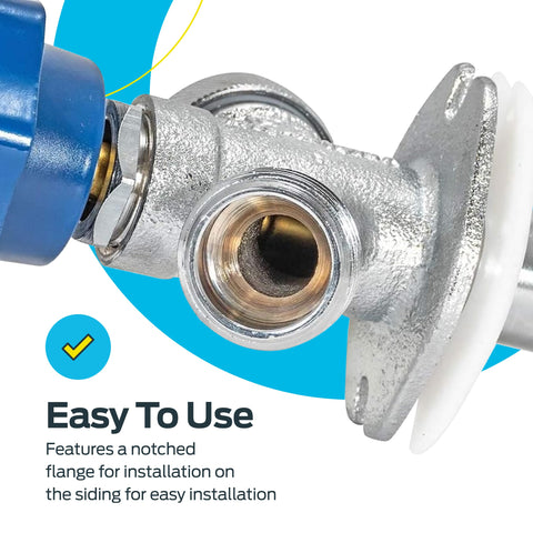 Close-up of a six inch frost free sillcock with vacuum breaker for outdoor water supply, showing brass fitting and installation flange.