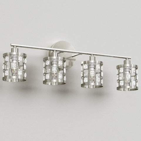 4 Light Bathroom Vanity Light Fixture Over Mirror In Brushed Nickel With Cylinder Crystal Shade Sleek Dope Modern Bath Lighting