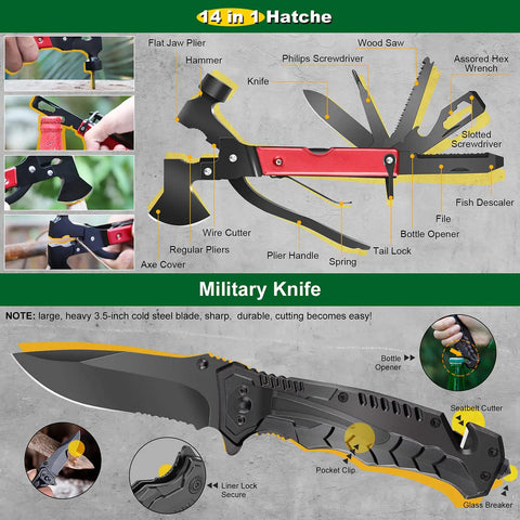 Image showing 14-in-1 hatchet and military knife from Must Have 30 In 1 Survival Gear Kit For Men And Outdoorsy Folks, Emergency Camping Essentials And First Aid Kit For Hiking, Fishing, Hunting, And Backpacking, Ready To Go Gear For Any Adventure.
