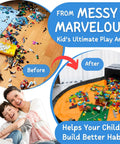 Before and after of play area with Toy Storage Organizer With Play Mat For Kids And Bricks, Collapsible Fabric Bin, 13x13x15 Inches.