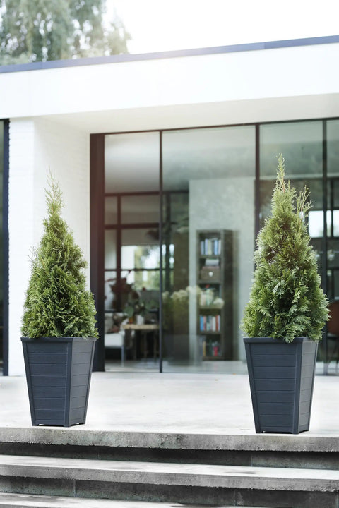 Set Of 2 Tall Resin Flower Pots With Wood Look Finish No Fuss 22 Inch Outdoor Planters Large 12.4 Gallon Soil Capacity on porch