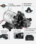 12V RV Water Pump Self Priming With 4 GPM At 45 PSI And Pressure Switch Plug And Play Kit features labeled parts and specifications