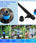 Adjustable Drip Irrigation Drippers 20 Pack Staked Fan Shape Water Flow Bubblers for quarter inch tubing in use