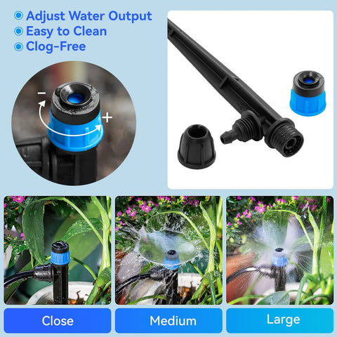Adjustable Drip Irrigation Drippers 20 Pack Staked Fan Shape Water Flow Bubblers for quarter inch tubing in use