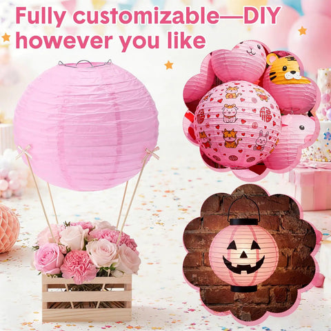 8 Sets Pink Hot Air Balloon Centerpieces Kit With 8 Inch Paper Lanterns Wooden Crates Bamboo Sticks And Satin Bows For DIY