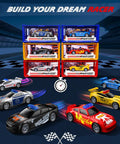 Six Pack Pull Back Race Cars Set with cars on display and portable transforming track background.