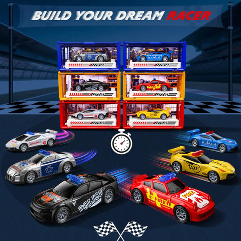 Six Pack Pull Back Race Cars Set with cars on display and portable transforming track background.