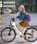 Adult Electric Bike For Daily City Hops, 26 Inch Step-Through Ebike With 350W Brushless Motor, 750W Peak Power, Top Speed Up To 20 MPH, 30-50 Mile Range, Removable Waterproof Battery, Smooth And Easy Ride. White step-through city e-bike with rider and five riding modes.