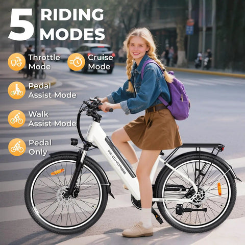 Adult Electric Bike For Daily City Hops, 26 Inch Step-Through Ebike With 350W Brushless Motor, 750W Peak Power, Top Speed Up To 20 MPH, 30-50 Mile Range, Removable Waterproof Battery, Smooth And Easy Ride. White step-through city e-bike with rider and five riding modes.