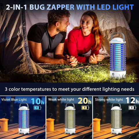 Rechargeable 4200V Bug Zapper With USB Power, LED Light displayed in campsite with different color temperature options