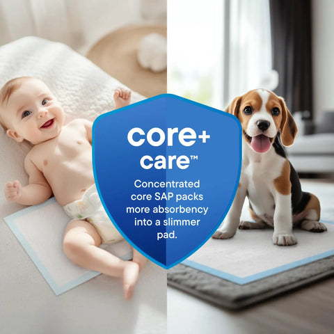 Hella Heavy Duty Disposable Pee Pads 200 Pack Multi Purpose Underpads Super Absorbent Waterproof Bed And Chair Liners For Pet Potty Training And Baby Changing 17X24 Inch with baby and dog.
