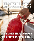 Complete Boat Fender Package With Four Red 8.5 Inch By 27 Inch Bumpers Four Red Covers Four 10 Foot Braided Lines And Hand Pump For 25 To 40 Foot Boats Marine Grade UV Resistant PVC With A Ribbed Design in use on a boat