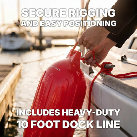 Complete Boat Fender Package With Four Red 8.5 Inch By 27 Inch Bumpers Four Red Covers Four 10 Foot Braided Lines And Hand Pump For 25 To 40 Foot Boats Marine Grade UV Resistant PVC With A Ribbed Design in use on a boat