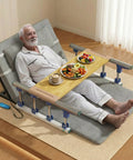 The Ultimate Electric Bed Lift Assist For Seniors To Get Up Easy With Silent Motor, Adjustable 2 Degrees To 80 Degrees, Max Load 330 Pounds, Extra Long 75 Inch Frame With Safety Guardrails For Total Comfort, featuring a senior enjoying breakfast in bed.