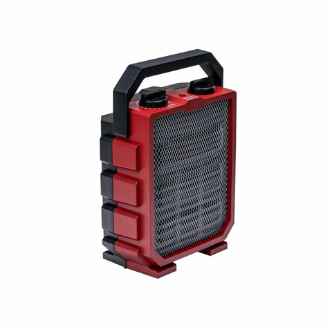 Side view of a red 1500W Ceramic Space Heater With Fan, Portable Electric Space Heater With Three Modes, foldable handle, and metal casing.