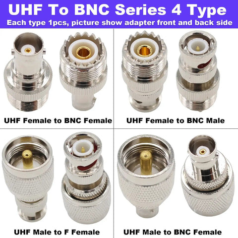 PL259 to BNC RF Adapter Kit for Coax Cables and Antennas showing UHF to BNC male and female connectors, brass nickel plated.