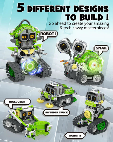 5 In 1 STEM RC Robot Building Kit With 478 Pieces For Coding And Engineering featuring robots, snail, bulldozer, and truck