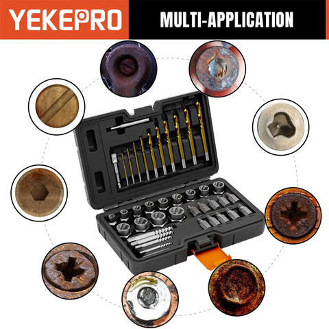 40 Piece Metric Bolt And Screw Extractor Kit With Left Hand Cobalt Drill Bits, Easy Out Set displayed with damaged bolt examples