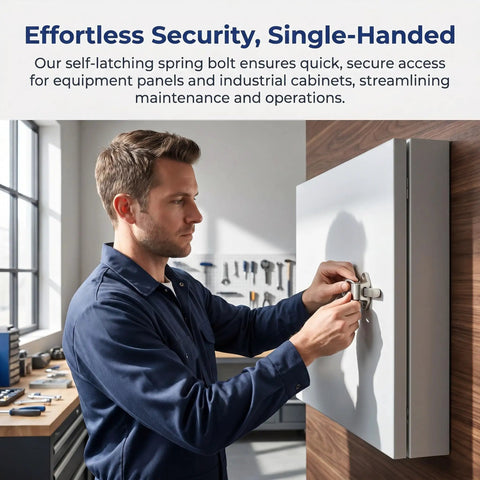 Man installing Spring Latch Lock for Cabinets and Windows, Zinc Alloy Self Closing Bolt Latch with Screws on metal cabinet