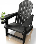 All Weather HDPE Adirondack Chair With Built In Cup Holder Tool Free No Screws Needed No Hassle Easy To Take Apart For Storage Wood Grain Slatted Look Snap Fit Design For Quick Assembly Classic Black Outdoor Patio Chair