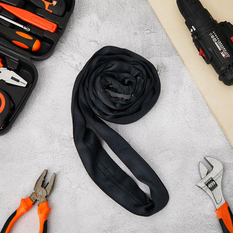 Coiled 4 Pack 6.6 Ft Endless Round Polyester Lifting Straps For Hoist Rigging Slings Black Heavy Duty with tools around