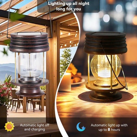 Outdoor Solar Lanterns 2 Pack Hanging Lights For Garden Pathway Patio Waterproof Vintage Bronze Design With Cozy Warm Lights Ideal Yard Beach Pavilion Table Decor shown on patio and table