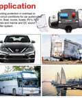 200 Amp 12-24V Manual Reset Circuit Breaker for Trolling Motors and Marine RV Power Systems Inline Fuse Block Holder 0-8 Gauge High Current Protector Waterproof Auto Stereo Inverter Safety, shown with cars, RVs, buses, and boats