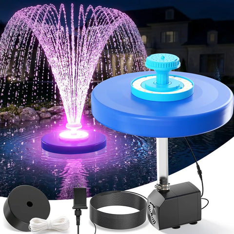 Floating Pond Fountain With LED Lights Plug In Aerator Pump For Ponds And Pools showing spray and components
