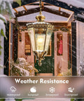 Copper Outdoor Pendant Light With Waterproof Anti Rust Finish hanging outside a porch, illuminated with snow falling.
