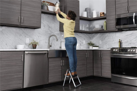 One Step Steel And Resin Go-To Step Stool Without Handle In Platinum And Black, Lightweight Yet Sturdy With Slip Resistant Feet used in kitchen