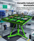Top Shelf 360 Degree Spin Workbench Galvanized Steel Industrial Assembly Table With Smooth Swivel Base And Tough PVC Shield For Shop Floor Or Packing Bay Five Piece Heavy Duty Rig showcasing adjustable height and organized tools.