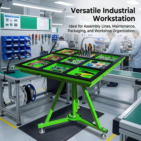 Top Shelf 360 Degree Spin Workbench Galvanized Steel Industrial Assembly Table With Smooth Swivel Base And Tough PVC Shield For Shop Floor Or Packing Bay Five Piece Heavy Duty Rig showcasing adjustable height and organized tools.