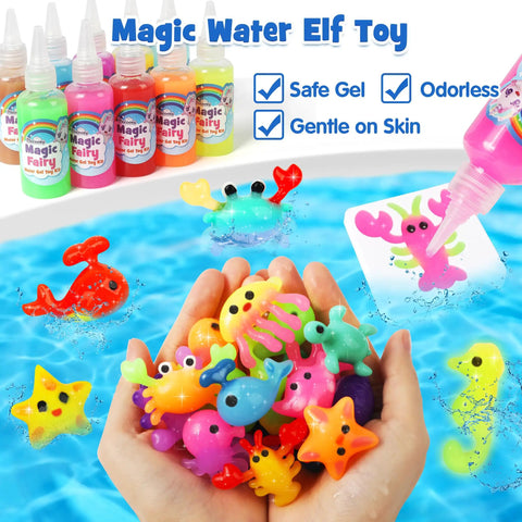 Hands holding squishy water toys with gel tubes and molds; Glow In The Dark Water Fairy Toy Kit For Kids With Aqua Gel And 16 Molds