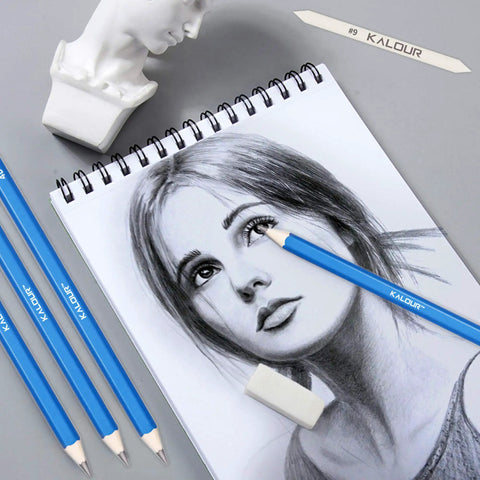 Pro Grade Sketching Pencils Set With Charcoal And Graphite Portable Zippered Case with portrait drawing in sketchbook