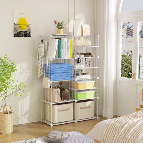 Interlocking Wire Cube Storage Unit And Divider System with white finish in a bedroom, showcasing versatile modular cabinet and closet organizer features.
