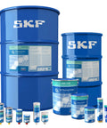 Various sizes of SKF barrels and containers, including LGWA Two One High Temperature Wheel Bearing Grease For Heavy Duty Use In Severe Conditions