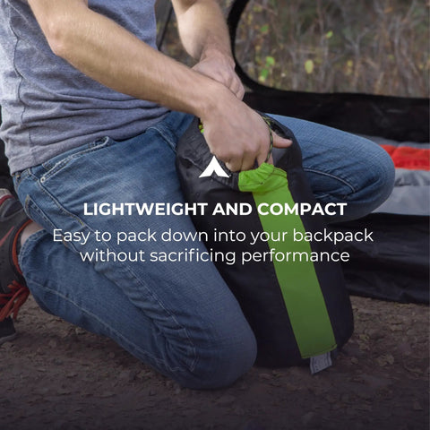 Person packing 20 Degree Mummy Sleeping Bag For Camping Backpacking And Hiking Ultralight Warm Cozy With Hood Draft Tube Vaulted Footbox