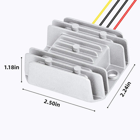 Waterproof 12V 24V To 6V Buck Converter 60W 10A Max Output, durable aluminum case with silicone seal, dimensions shown.