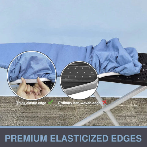 Ironing Board Cover And Pad For Standard Size 13 To 15 Inch Wide And 53 To 54 Inch Long Thick Padding With Elastic Edge And Silicone Coating Resists Scorching Adjustable Fastener Heavy Duty Padded Ironing Board Cover In Blue, showing elasticized edge detail.