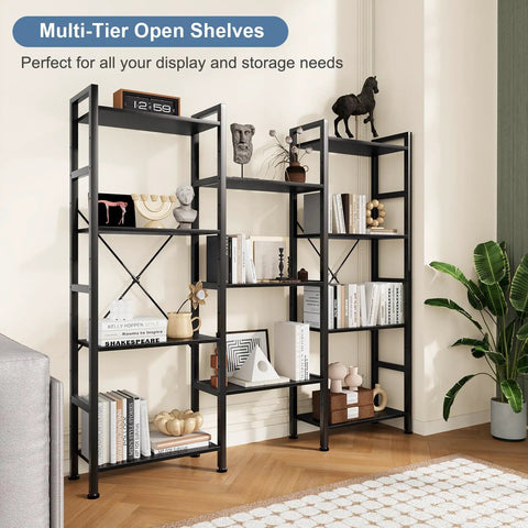 Triple Column 4 Tier Bookshelf With Adjustable Shelves in black, featuring decor and books in living room setting.