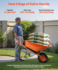 One Wheel Dump Cart For Garden And Yard, 6 Cu Ft Capacity, 330 Lb Load, Built Tough Wheelbarrow With Metal Handle And 16 Inch Wide Track Wheels shown carrying soil bags