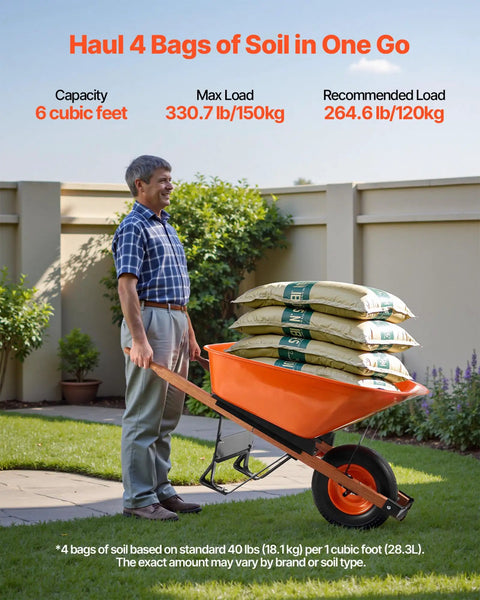 One Wheel Dump Cart For Garden And Yard, 6 Cu Ft Capacity, 330 Lb Load, Built Tough Wheelbarrow With Metal Handle And 16 Inch Wide Track Wheels shown carrying soil bags
