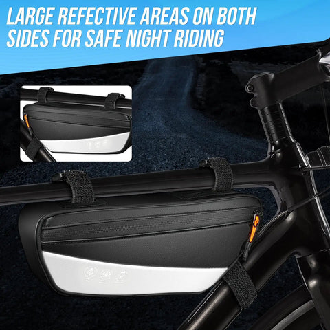 Waterproof Triangle Bike Bag With Side Pocket And Reflective Under Tube Storage for safe night riding on a road bike.