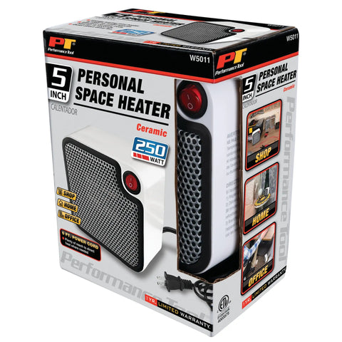 Box of Desk-Friendly 250W Personal Space Heater For Desks And Small Rooms, showing ceramic mini heater with features.