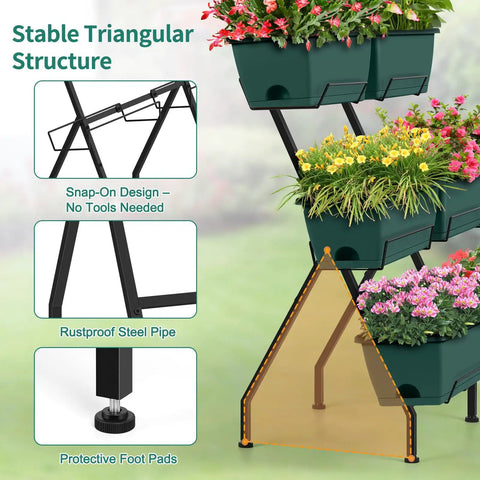 Two Column Vertical Raised Garden Bed With Six Planter Boxes, Heavy Duty Tiered Outdoor Indoor Garden Bed With Drainage Holes And Removable Trays For Flowers Vegetables And Herbs, Sturdy Green, display of snap-on design and foot pads