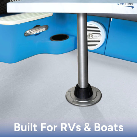 Heavy Duty RV Removable Table Leg Kit 28.5 Inch Aluminum Support Post Chrome Finish mounted on RV floor.