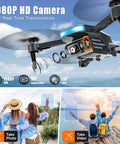 Dope 1080P FPV Foldable Drone With 90 Degree Adjustable Camera hovering with beachgoers in focus below, showcasing camera and design.