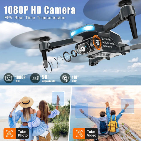 Dope 1080P FPV Foldable Drone With 90 Degree Adjustable Camera hovering with beachgoers in focus below, showcasing camera and design.