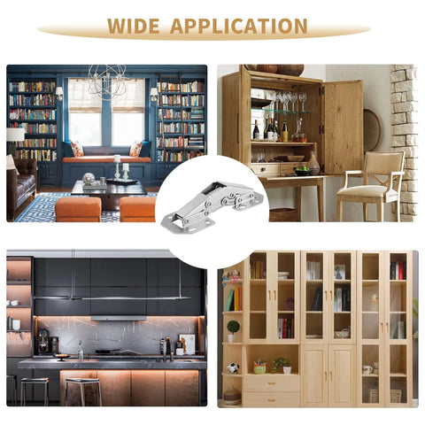 8 Pack Hidden Cabinet Hinges Surface Mount 4 Inch Stainless Concealed Cupboard Hinges High Strength Nickel Plated Steel Includes 64 Mounting Screws Easy Install For Home Renovation shown with various applications in home settings.